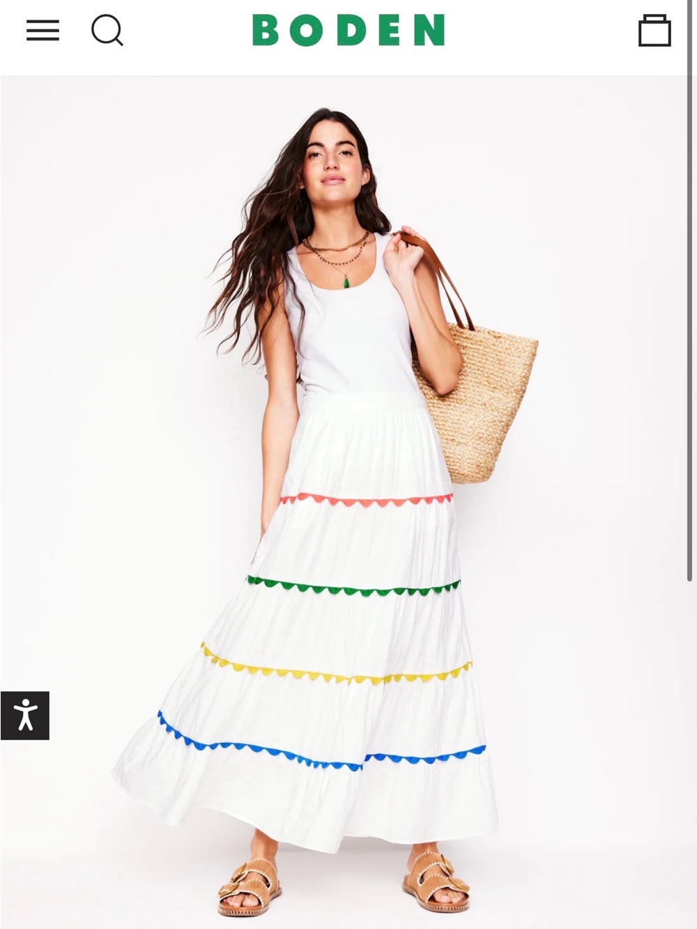 Boden Nadia Double Cloth White Maxi Skirt with Multicolor Scallop Bands NWT 10P